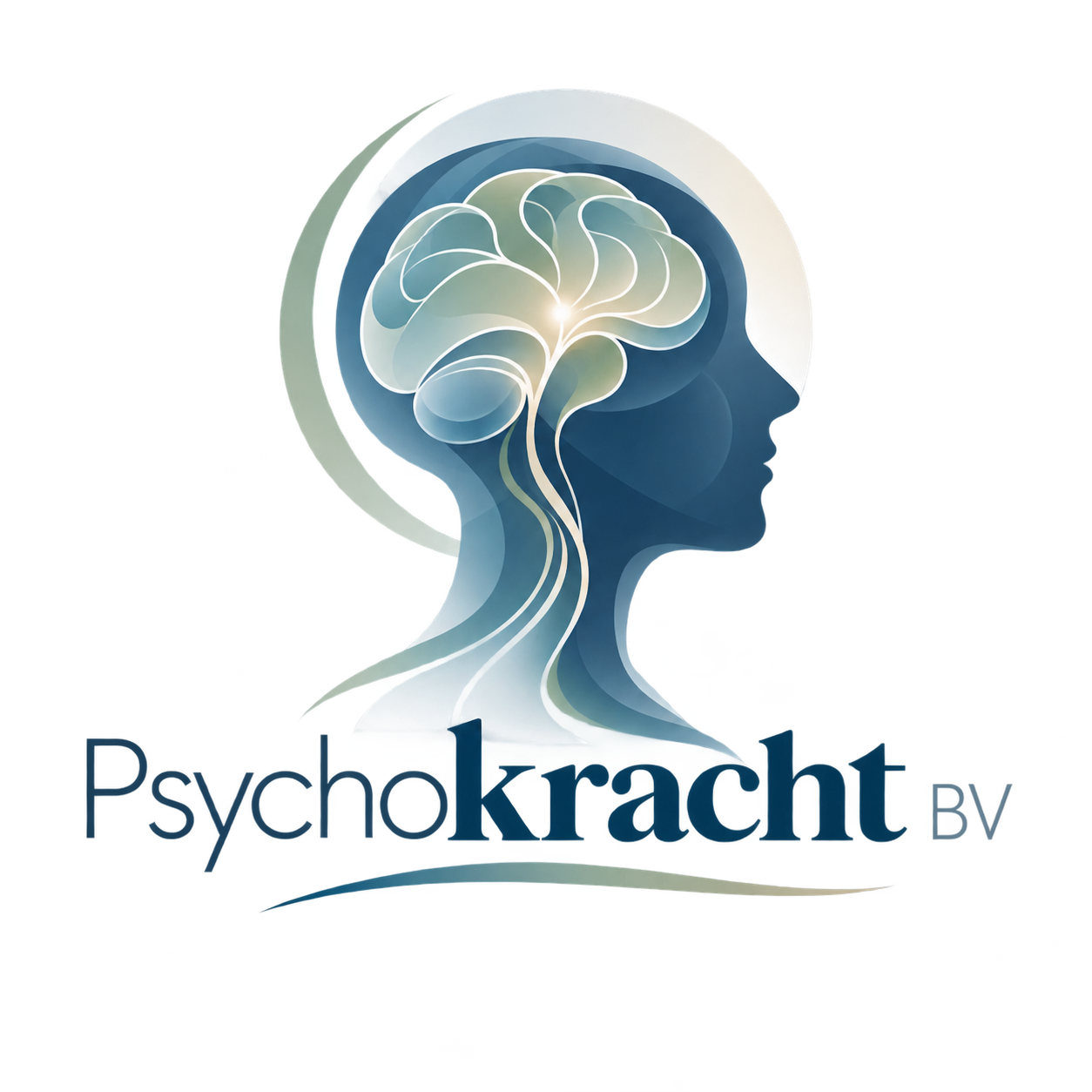 Logo Psychokracht BV: een profiel met een lichtgevend brein en wortelende zenuwbanen