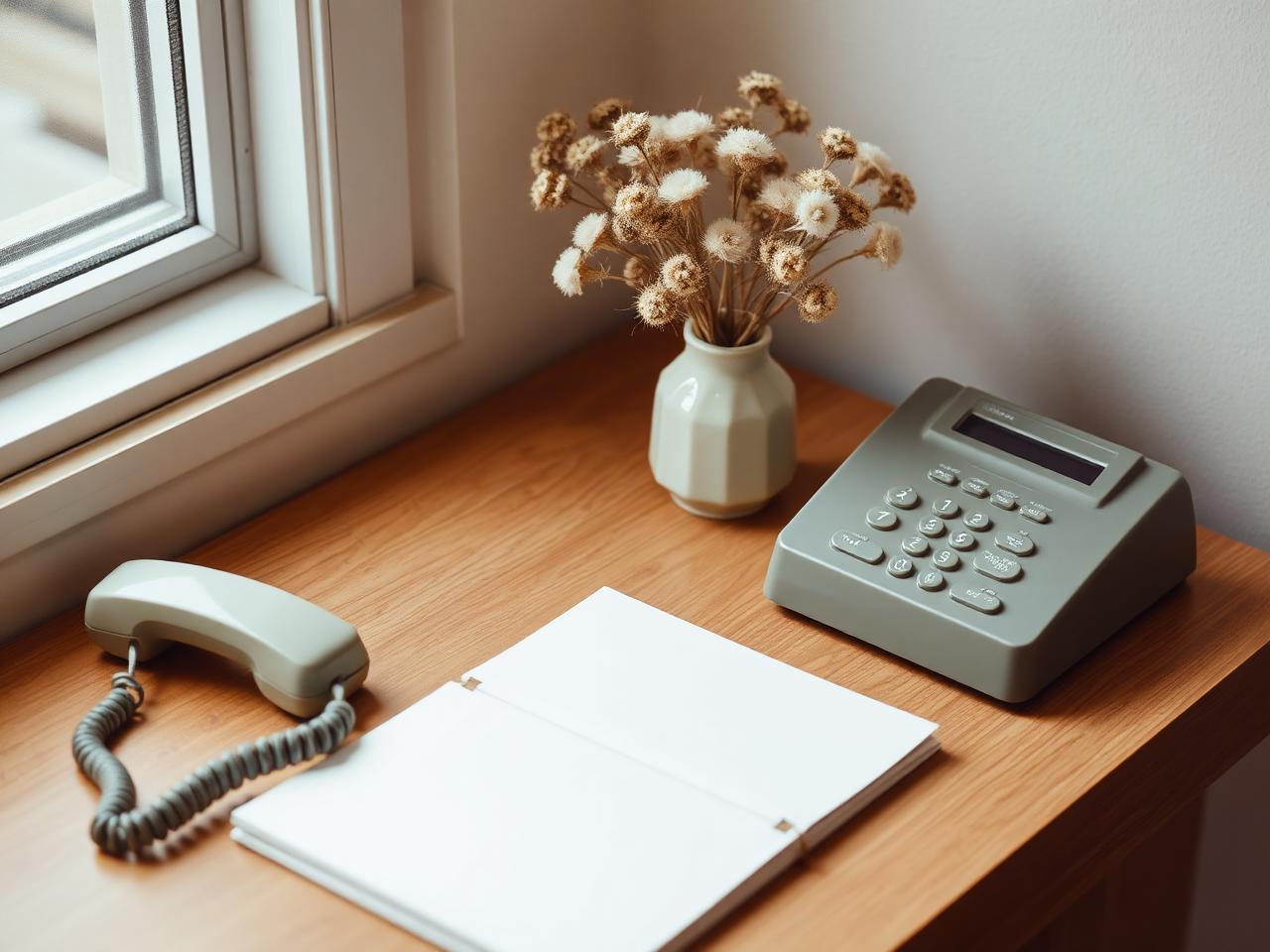 Telefoon en notitieblok op een bureau bij het raam