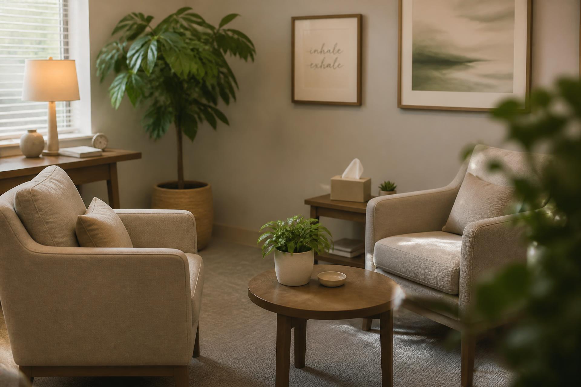 Rustige praktijkruimte met zachte zandkleurige fauteuils en planten