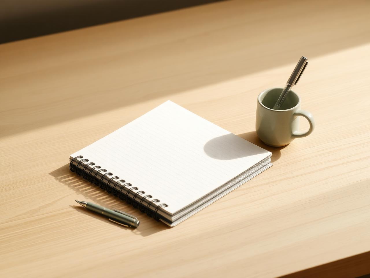 Notitieboek, pen en kop thee op een lichte houten tafel